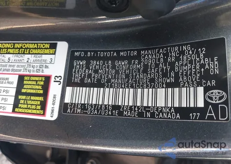 2012 Toyota Corolla Le z USA, uszkodzony, nr VIN 2T1BU4EE1CC837004